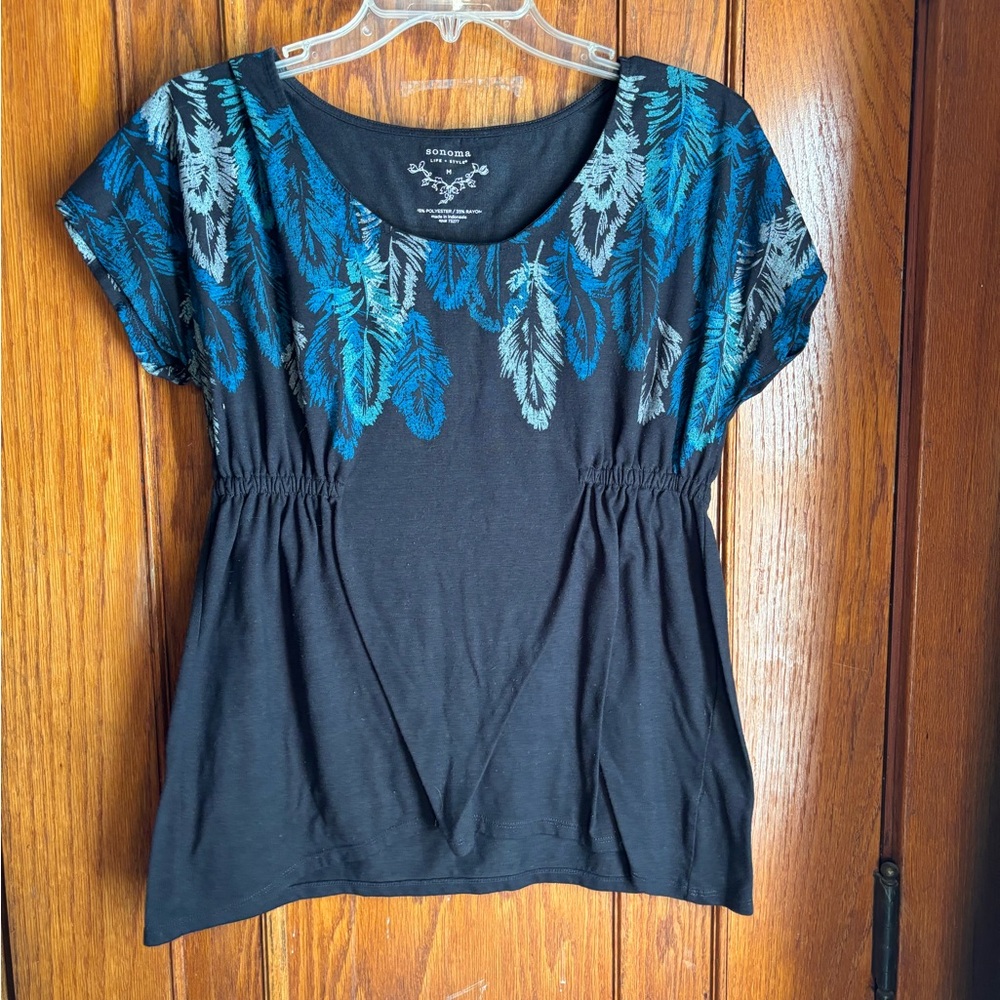Sonoma Women's Top with Black and Blue Feather Design
